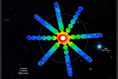 Satelita Suzaku zbadał słabą poświatę rentgenowską wzdłuż ośmiu różnych kierunków w Gromadzie Galaktyk w Perseuszu. Obszary zaznaczone tu na niebiesko to słaba emisja rentgenowska, a przerywaną linią zaznaczono domyślną granicę gromady, przez którą przemieszczają się nowe partie opadającego gazu. Źródło: NASA/ISAS/DSS/O. Urban et al., MNRAS