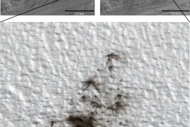 Zdjęcia z sondy Mars Reconnaissance Orbiter, które dokumentują nowo powstałą grupę kraterów na Marsie. Zdjęcie u góry po lewej zostało wykonane 15.08.2010 r., a po prawej 24.05.2011 r. Źródło: NASA/JPL-Caltech/MSSS/Univ. of Arizona.