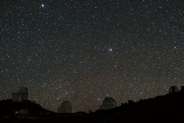Dwóch łowców planet sfotografowanych w La Silla. Otwarta kopuła po lewej mieści 3,6-metrowy teleskop ESO ze spektrografem HARPS, a na niebie na góze zdjęcia widać ślad kosmicznego teleskopu CoRoT. Źródło: ESO/A. Santerne.