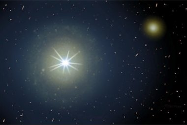 Rysunek wyobrażający kwazar świecący z centrum swojej macierzystej galaktyki. Rys.: Gemini/Jon Lomberg 