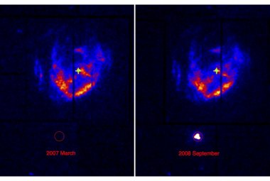Zdjęcie pozostałości po supernowej Kesteven 79 oraz nowo odkrytego magnetara 3XMM J185246.6+003317 wykonane w zakresie rentgenowskim przez teleskop XMM-Newton. Ponieważ promieniowanie X jest niewidoczne dla ludzkiego oka, jasność gazu w tym zakresie świecenia jest oznaczona kolorami niebieskim, czerwonym i żółtym. Czerwonym okręgiem znaczono położenie magnetara, zaś zielonym krzyżykiem anty-magnetara. Magnetar rozbłyskujący był niewidoczny w 2007 roku (obraz po lewej), ale pojawił się w 2008 roku (po prawej