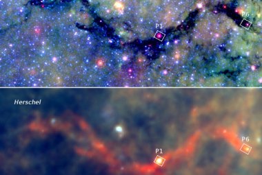 Mgławica Węża w obiektywie teleskopów Spitzera i Herschela. W paśmie średniej podczerwieni (górny panel, dane ze Spitzera) grube warstwy materii mgławicy blokują światło bardziej odległych gwiazd. Ale w dalekiej podczerwieni (dolny panel, Teleskop Herschela) mgławica świeci na skutek emisji tzw. zimnego pyłu. Dwa zaznaczone regiony, P1 i P6, zbadano bardziej szczegółowo za pomocą teleskopu SMA. Źródło: Spitzer/GLIMPSE/MIPS, Herschel/HiGal, Ke Wang (ESO)