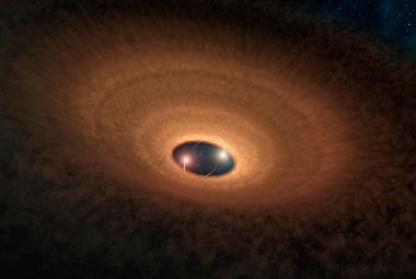 Artystyczna wizja dysku, który jest pozostałością po formowaniu gwiazd. Dysk otacza gwiazdy niczym hula-hoop. Gwiazdy wirując wokół siebie, okresowo wychylają się znad dysku, powodując, że cały układ "mruga" co 93 dni. Źródło: NASA/JPL-Caltech
