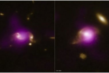 Dwa przykłady bliskich par galaktyk. Kolorem złotym oznaczono obserwacje optyczne (teleskop VLT). Widoczne promieniowanie rentgenowskie (kolor fioletowy) pozwala ocenić, które z galaktyk posiadają aktywne jądro - AGN. Źródło: Chandra X-ray Center