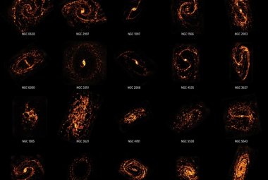 Mapy obłoków molekularnych położonych w 20 różnych galaktykach wykonane z udziałem sieci interferometrycznej ALMA. Źródło: ALMA (ESO/NAOJ/NRAO)/PHANGS, S. Dagnello (NRAO)