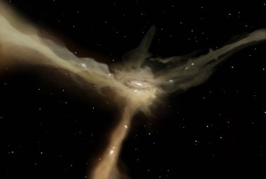 Galaktyka akreuje masę poprzez szybkie i wąskie strugi materii. Te filamenty stale dostarczają do galaktyki surowiec potrzebny do formowania nowych gwiazd. Ten model teoretyczny został zaproponowany na podstawie symulacji numerycznych wykonany przez Dekel i in. w 2009 roku (Nature, 457, 451D). Dotychczas tego rodzaju zjawisko strug materii nie zostało bezpośrednio zaobserwowane i nadal pozostaje w sferze domysłów. Źródło: ESA–AOES Medialab 