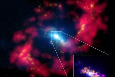 Galaktyka NGC 4151. Zdjęcie wewnątrz pokazuje powieszenie centrum galaktyki o rozmiarze 2000 lat świetlnych. Dane z satelity CHANDRA z większego zdjęcia przedstawione są za pomocą koloru niebieskiego oraz dane radiowe z interferometru VLA (kolor fioletowy), a także obserwacje optyczne z teleskopu Hubble'a (kolor żółty) pokazujący rozkład emisji tlenu. Liniowość struktury w centrum potwierdza hipotezę o wcześniejszym wybuchu z supermasywnej czarnej dziury w centrum galaktyki. Źródło: X-ray: NASA/CXC/CfA/J.Wa