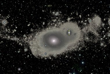 galaktyka NGC 5557 pokazuje bardzo rozciągnięte i słabe strugi pływowe, które na obrazie biegną z lewej strony ku prawej a ich rozmiar to ponad 1.2 milionów lat świetlnych Zdjęcie wykonane kamerą MegaCam umieszczoną na  Kanadyjsko – Francuskim – Hawajskim Teleskopie (CFHT). Źródło: P.-A. Duc 2011 (c) CEA/CFHT