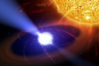 Wizja artystyczna AE Aquarii – pierwszego unikalnego układu kataklizmicznego z propellerem, w którym biały karzeł z silnym polem magnetycznym rotuje tak szybko (okres rotacji 33 sekundy), że wymiata poza układ całą materię opadającą z wtórnego składnika. Podobny drugi układ J0240 został odkryty w 2020 roku i dodatkowo obserwuje się tutaj zaćmienia. Okres orbitalny AE Aqr wynosi ~9.88 godz., a J0240 - ~7.34 godz. Źródło: NASA
