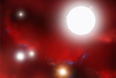 Tak mogły wyglądać wirujące obłoki wodoru i helu oświetlane promieniami pierwszych gwiazd . Na dole żółtawa gwiazda to wybuchająca supernowa wyrzuca ciężkie pierwiastki, które w przyszłości wejdą w skład kolejnych gwiazd i planet. Źródło: David A. Aguilar, CfA