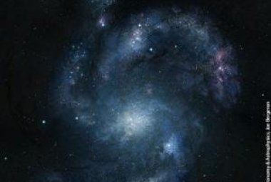Artystyczna wizja galaktyki BX442 i towarzyszącej jej galaktyki karłowatej widocznej w lewym górnym rógu. Źródło: Dunlap Instytut Astronomy & Astrophysics / Joe Bergeron