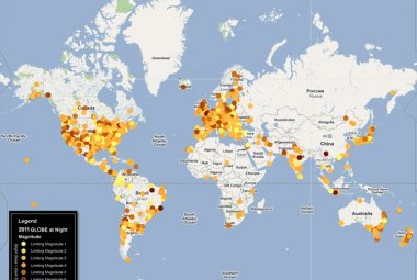 Mapa przedstawiająca wyniki projektu GLOBE at Night z roku 2011. Z Polski napłynęło ponad 1200 pomiarów. Źródło: GLOBE at Night.