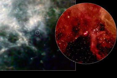 Porównanie dwóch fotografii pozostałości po supernowej SN 1987A. Lewy obraz pochodzi z Teleskopu Herschela, prawy - w powiększonej skali - przedsatawia ten sam obiekt widziany przez Teleskop Hubble'a. Image credit: ESA/NASA-JPL/UCL/STScI 