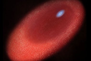 Wizja artystyczna przedstawiająca jądro galaktyki Andromeda. Czerwony obszar to dysk starszych gwiazd, niebieski to dysk młodych gwiazd. Czarna kropka we wnętrzu niebieskiego obszaru to supermasywna czarna dziura. Niesymatryczny dysk starych gwiazd może być pozostałością po dysku, który pomagał czarnej dziurze zasysać wirujący gaz. Źródło: A. Field, NASA, ESA. 