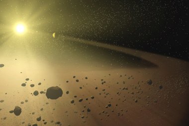Wizja artystyczna wąskiego pasa asteroid pełnego skał oraz pyłowego gruzu okrążającego gwiazdę podobną do naszego Słońca. Źródło: NASA/JPL-Caltech