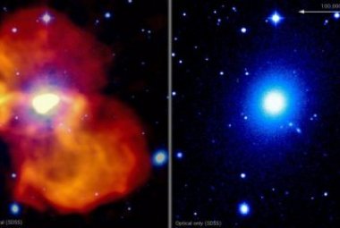 Galaktyka M87 pokazana w fałszywych kolorach. Kolor biały i niebieski odpowiada zakresowi optycznemu (z przeglądu Sloan Digital Sky Survey, SDSS), emisja radiowa pokazana jest na żółto i pomarańczowo (LOFAR). W centrum w zakresie optycznym jest bardzo duża jasność powierzchniowa, tam gdzie znajduje się dżet zasilany przez supermasywną czarną dziurę. Źródło: Francesco de Gasperin, LOFAR
