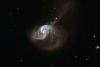 Fot. NGC 1614 - oddziałująca galaktyka, obraz z Teleskopu Hubble'a.  NGC 1614 znajduje się 200 mln lat świetlnych od nas w gwiazdozbiorze Erydana.  Źródło: NASA/ESA/Hubble Heritage (STScI/AURA)