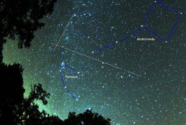  Radiant Perseidów. Białe kropkowane linie wyznaczają radiant roju Perseidów, czyli punkt na niebie z ktrórego "wylatują" meteory. Na końcach linii widać 2 meteory. Źródło: Wikipedia