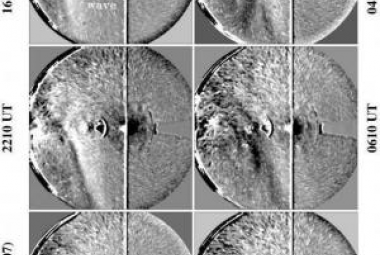 Sekwencja obrazów pokazujących przelot fali w dniach 19-20 lipca 2007 roku, od lewej do prawej. Duża jasność Ziemi spowodowała powstanie kilku artefaktów, między innymi odbicia powstającego na osi optycznej, jasnych lub ciemnych obszarów wokół Ziemi. Trapezoidalny kształt przesłania zbyt jasną planetę. Pole obrazu pokrywa obszar około 70 stopni a jego środek wypada 53,4 stopni na zachód od Słońca. Słoneczna północ jest u góry obrazu, a sama gwiazda znajduję się 18,4 stopni poza lewą krawędzią pola. (źr. Nav