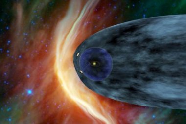 Dwie sondy Voyager wlatujące w w niespokojny obszar znany jako płaszcz Układu Słonecznego (ang. "heliosheath"), znajdujący się na zewnętrznej powłoce bąbla złożonego z naładowanych cząstek, jaki otacza Układ Słoneczny. Źródło:NASA/JPL-Caltech.