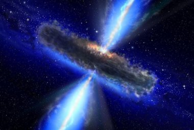 Wizja artysty przedstawiająca kwazar podobny do APM 08279+5255, w którym astronomowie odkryli ogromne ilości pary wodnej. Źródło: NASA/ESA