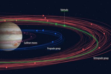 Jowisz ma 79 księżyców uznanych przez Minor Planet Center Międzynarodowej Unii Astronomicznej, ale astronom amator odkrył właśnie kolejny (nie pokazany tutaj). Większość księżyców planety (fioletowy, niebieski) krąży stosunkowo blisko Jowisza, podczas gdy tzw. wsteczne księżyce (czerwone) orbitują dużo dalej do niej. Jednym z wyjątków jest Valetudo (zielony), poruszający się w postępie, odkryty w 2018 roku, który jest również na dalszej orbicie.