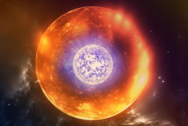Wizja artystyczna Obiektu Thorne'a-Żytkow z gwiazdą neutronową jako jądro w otoczce z czerwonego olbrzyma.