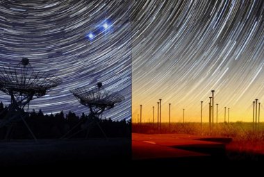 Wizja dwóch obserwatoriów radiowych biorących udział w nowych badaniach szybkich błysków radiowych: czasze anten interferometru radiowego w Westerbork (po lewej) wykryły okresowy, krótki sygnał na wysokich częstotliwościach, podczas gdy LOFAR zarejestrował pochodzący z tego samego źródła sygnał na niskiej częstotliwości. 