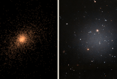 Po lewej, jedna ze skrajnie rozproszonych galaktyk, które były analizowane w symulacji. Po prawej obraz galaktyki DF2, która jest prawie przezroczysta.