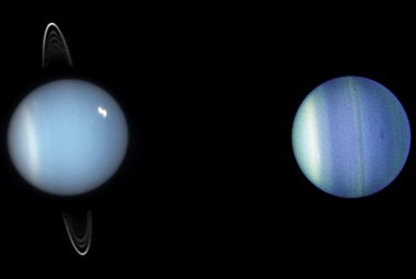 Zdjęcia z Kosmicznego Teleskopu Hubble’a: Uran i jego pierścienie sfotografowane w roku 2005 (po lewej) oraz Uran rok później, z pełną pasów atmosferą i tajemniczą ciemną burzą. Źródło: NASA, ESA