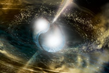 Wizja artystyczna zderzenia dwóch gwiazd neutronowych.