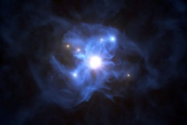 Sześć galaktyk, które według astronomów mogą być po prostu najjaśniejszymi galaktykami w większej grupie, znaleziono niedawno w okolicy supermasywnej czarnej dziury we wczesnym Wszechświecie. Po raz pierwszy naukowcy znaleźli tak zwartą grupę galaktyk powstałych niedługo po Wielkim Wybuchu. Źródło: ESO/L. Calçada