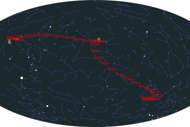 Mapa nieba i ruch komety. Aktualna pozycja komety jest zaznaczona na żółto. Źródło:http://astro.vanbuitenen.nl/