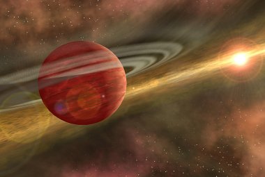 Wizja artystyczna gazowego olbrzyma formującego się w dysku protoplanetarnym swojej macierzystej gwiazdy.