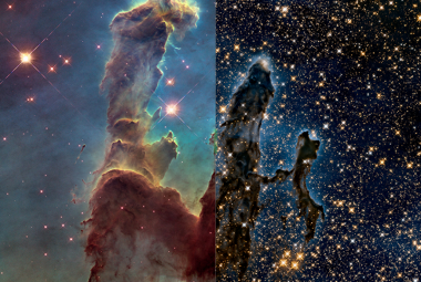 Na ilustracji: połączone obrazy mgławicy Filary Stworzenia w zakresie optycznym i podczerwieni wykonane przez Teleskop Kosmiczny Hubble’a. Na stronie internetowej NASA (https://www.nasa.gov/content/explore-light) można interaktywnie oglądać obrazy w obu zakresach przesuwając suwak: Widzialny ↔ Podczerwień. Źródło: NASA, ESA/Hubble and the Hubble Heritage Team