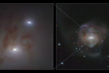 Galaktyka NGC 7727 i zbliżenie na okolicę parya supermasywnych czarnych dziur