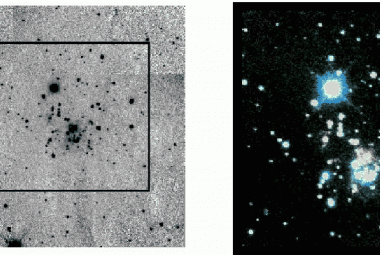 (po lewej) Obraz zarejestrowany w paśmie K, przedstawiający obszar wokół WB89-789 (IRAS 06145+1455). Widoczny rejon nieba ma rozmiar 3x3 minuty łuku. Region zakreślony czarną ramką ma rozmiar 1,7x1,7minuty łuku i jest pokazany dokładniej we wstawce po prawej stronie. (Po prawej) Zbliżenie na WB89-789 w sztucznie dobranych barwach. Źródło: Publikacja Zespołu.