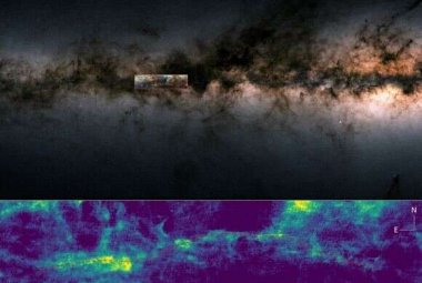 Na ilustracji: (na górze) Przekrój Drogi Mlecznej wyznaczony przez satelitę Gaia (ESA). W ramce zaznaczono położenie włókna "Maggie". (na dole) Obraz rozkładu wodoru atomowego w sztucznych barwach, czerwona linia wskazuje włókno. Źródło: ESA/Gaia/DPAC/T. Müller/J. Syed/MPIA