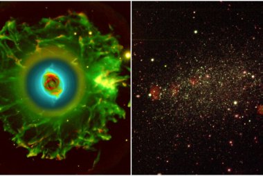 Mgławica „Kocie Oko” w naszej Galaktyce. W odległości od galaktyki Andromedy (po prawej) tysiąc razy dalej te mgławice są postrzegane jako „zielone kropki”.