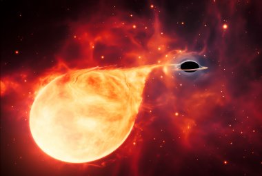 Wizja artystyczna gwiazdy niszczonej przez czarną dziurę o masie pośredniej, która jest otoczona przez dysk akrecyjny. Ten cienki, rotujący dysk składa się z pozostałości po gwieździe, które zostały z niej wyciągnięte przez siły pływowe czarnej dziury. Źródło: ESA/Hubble, M. Kornmesser
