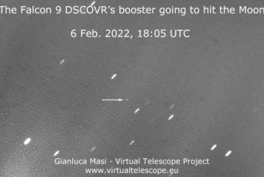  Na ilustracji: Zdjęcie stopnia rakiety kierującej się w stronę Księżyca zarejestrowany 6 lutego 2022 roku, gdy sądzono jeszcze, że jest to górny stopień rakiety Falcon 9 SpaceX. Obecnie astronomowie twierdzą, że jest to prawdopodobnie rakieta chińska. Źródło: Projekt Wirtualny Teleskop
