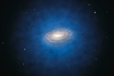 Wizja artystyczna galaktyki i jej halo ciemnej materii (zaznaczone na niebiesko).