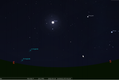 Na ilustracji: Marcowe niebo 2022 r. nad Krakowem około godziny 19:30. Źródło: Stellarium