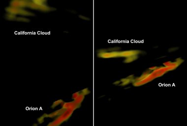 Kształt Obłoku Kalifornia i Obłoku Oriona A z dwóch różnych perspektyw w rozdzielczości przestrzennej 15 lat świetlnych.