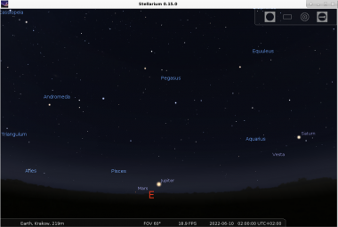 Południowe niebo nad Krakowem, 10 czerwca 2022, godzina 2:00 w nocy. Źródło: Stellarium