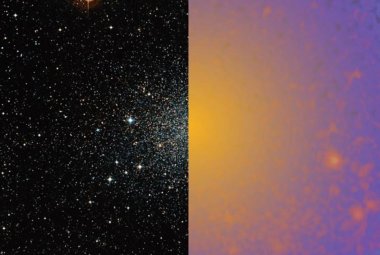 Optyczny obraz karłowatej galaktyki sferoidalnej Sombrero - NGC 253 (po lewej) wraz z ilustracją sygnału promieniowania gamma, który może pochodzić od ciemnej materii anihilującej wewnątrz galaktyki (po prawej).