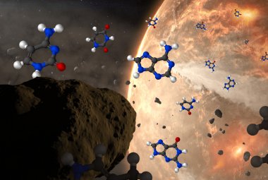 Wizja meteoroidów dostarczających elementy DNA na pradawną Ziemię. Poszczególne molekuły są pokazane na rysunkach: atomy wodoru są białe, węgla – czarne, azotu – niebieskie, a tlenu – czerwone. Źródło: NASA Goddard / CI Lab / Dan Gallagher