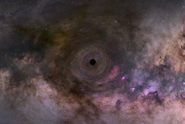 Artystyczna wizja czarnej dziury zaburzającej tło Drogi Mlecznej