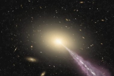 Wizja artystyczna olbrzymiej galaktyki z wysokoenergetycznym dżetem.