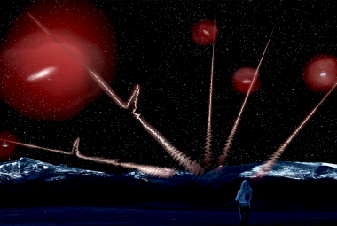 Wizja artystyczna przedstawiająca odległe, szybkie błyski radiowe przebijające gazowe halo wokół galaktyk w lokalnym Wszechświecie.